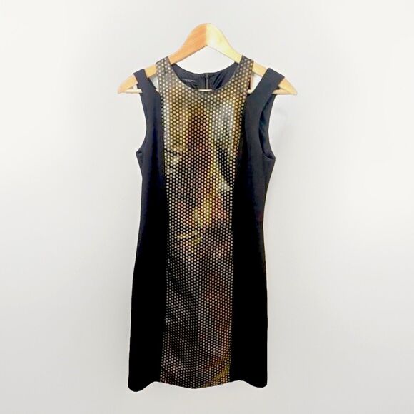 Y2K VINTAGE Bodycon Tank Dress Black Gold Metallic Sleek Womens 4 Cyberpunk Goth - Picture 2 of 8